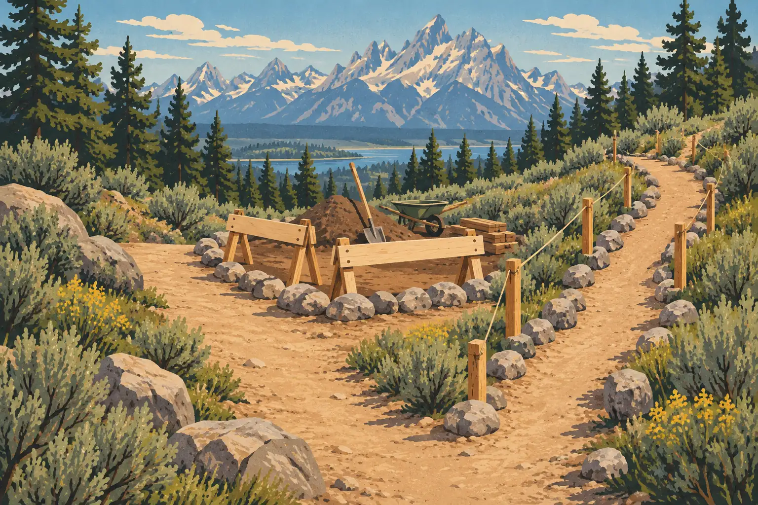 Mountain trail under construction, blocked by wooden barriers, with a wheelbarrow, shovel and planks before snowy peaks