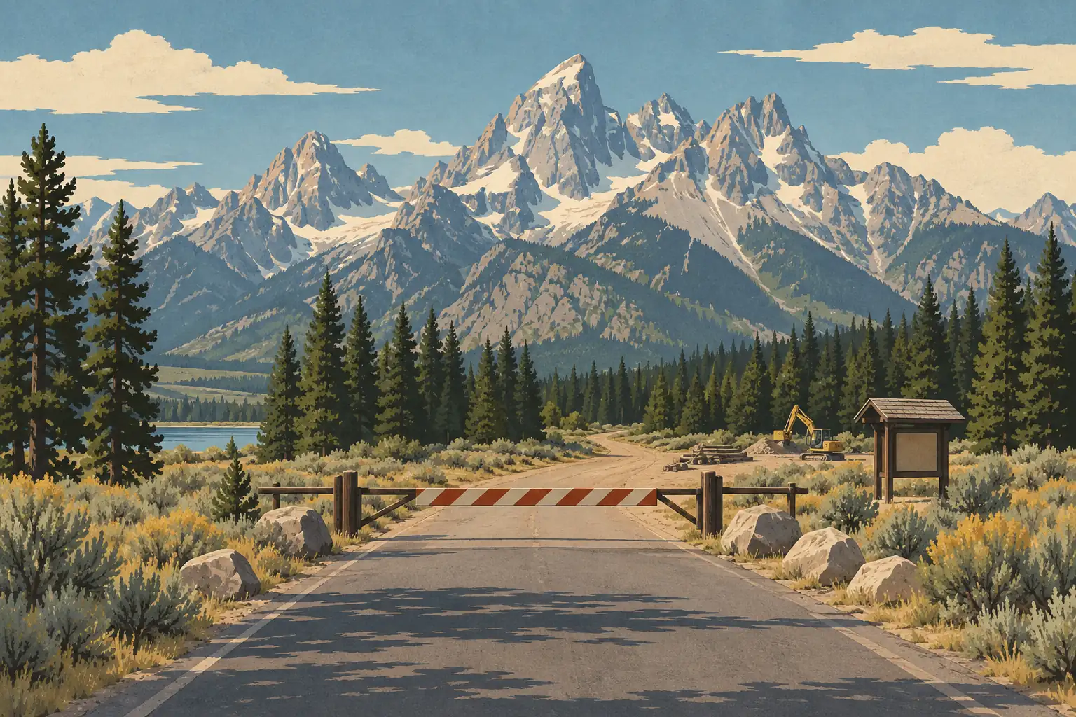 Blocked road leading toward the snowy Grand Teton peaks, with pine trees, boulders, a lake and an excavator beyond