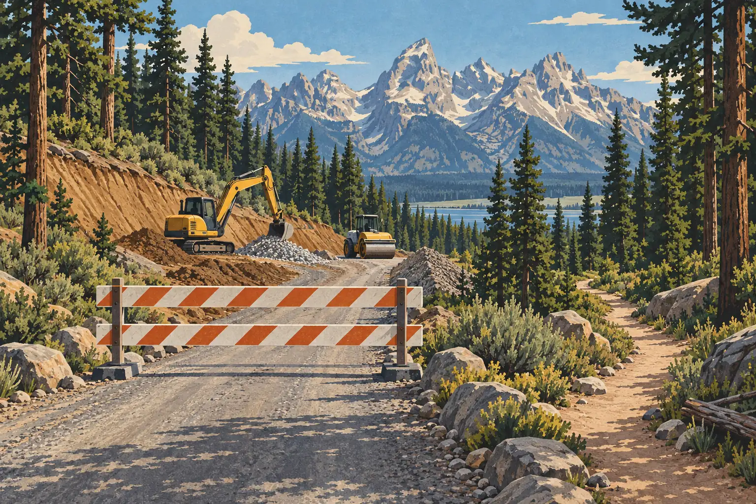 A barrier closes a forest road under construction, with an excavator, road roller and snowcapped mountains