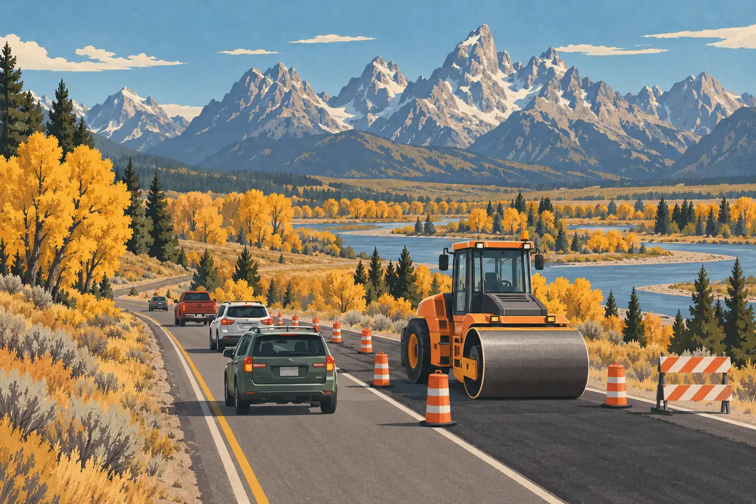 Obras viales con apisonadora, conos y coches ante las montañas nevadas de Grand Teton durante el otoño