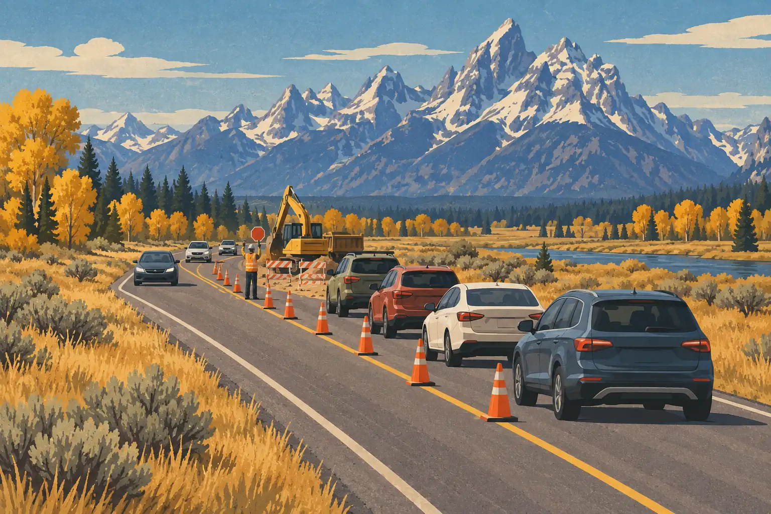Cars queue beside roadworks with an excavator, orange cones, autumn trees and snow-capped mountains in the background