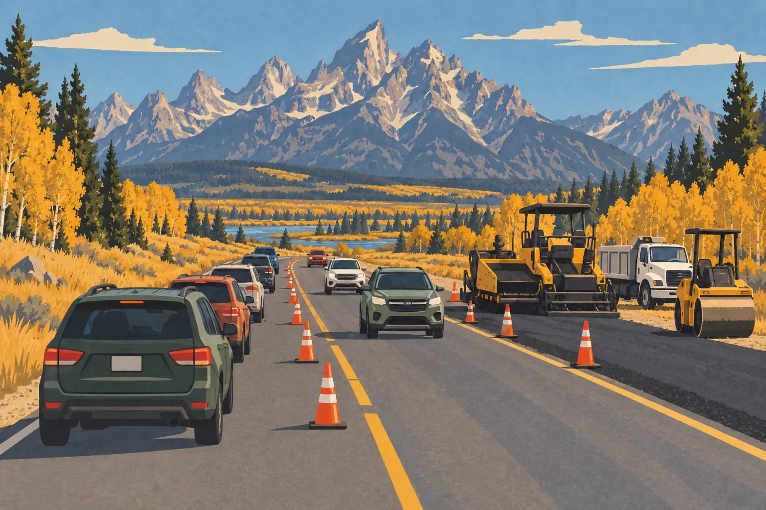 Cars pass cones and roadwork machinery on a highway lined with golden aspens beneath rugged mountain peaks