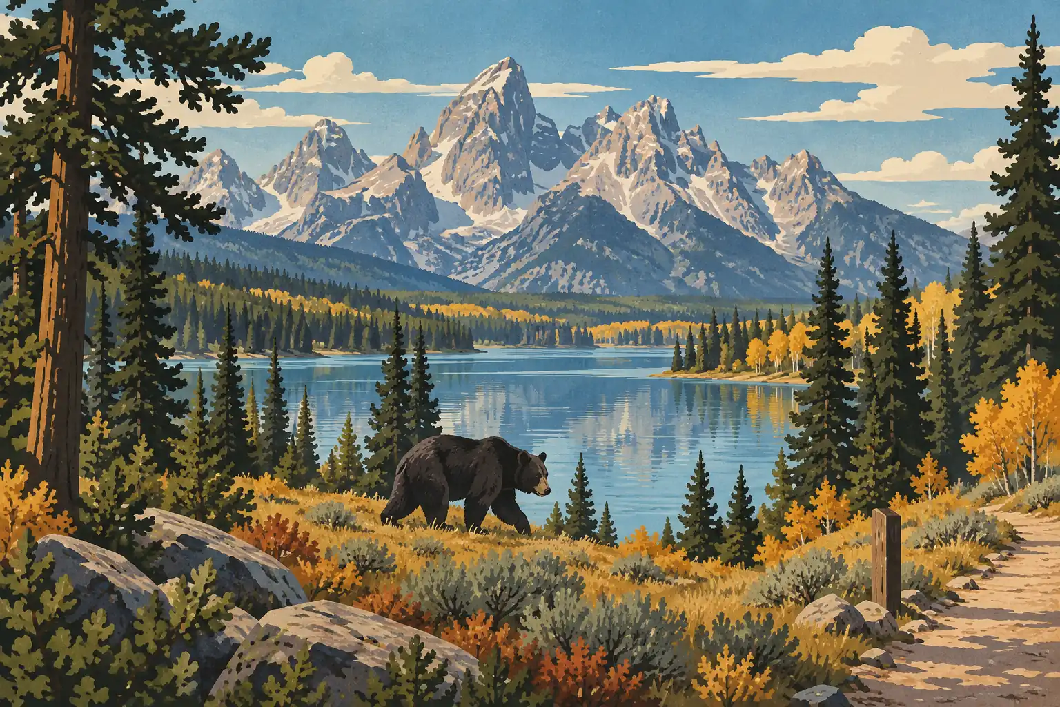 A black bear walks among pines and autumn shrubs beside a calm lake beneath towering snow-covered peaks