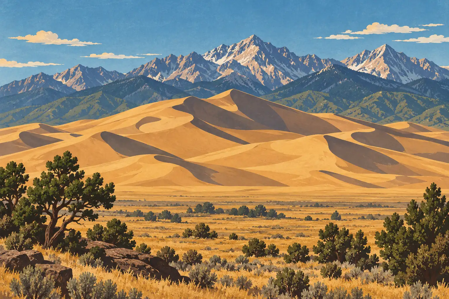 Golden sand dunes rise before snow-capped mountains beneath a blue sky, with pine trees and scrub across the foreground