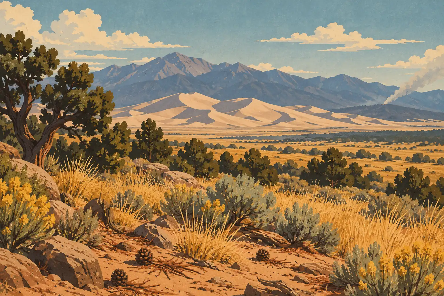 Golden dunes before a mountain range, with pine trees, rocks, dry grasses and yellow flowers in the foreground