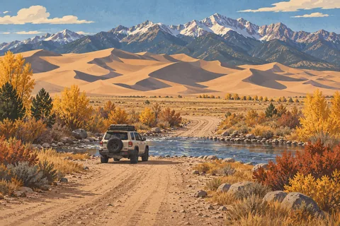 A four-wheel drive vehicle crosses a river on a dirt road amid autumn trees, with dunes and snowy mountains beyond