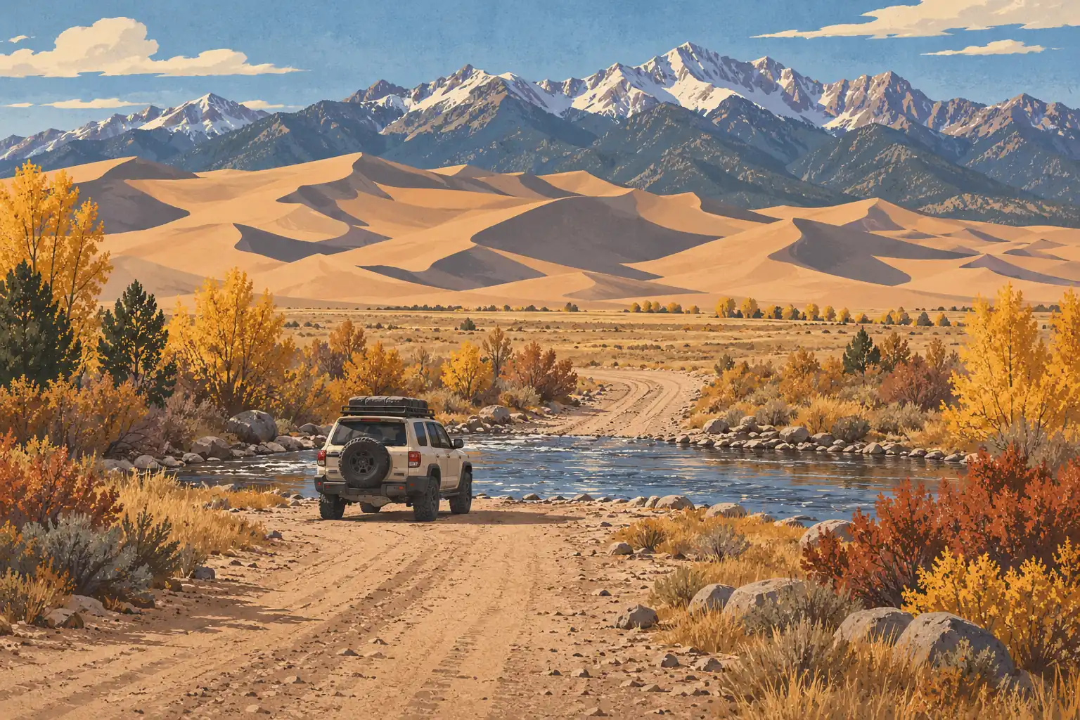 A four-wheel drive vehicle crosses a river on a dirt road amid autumn trees, with dunes and snowy mountains beyond