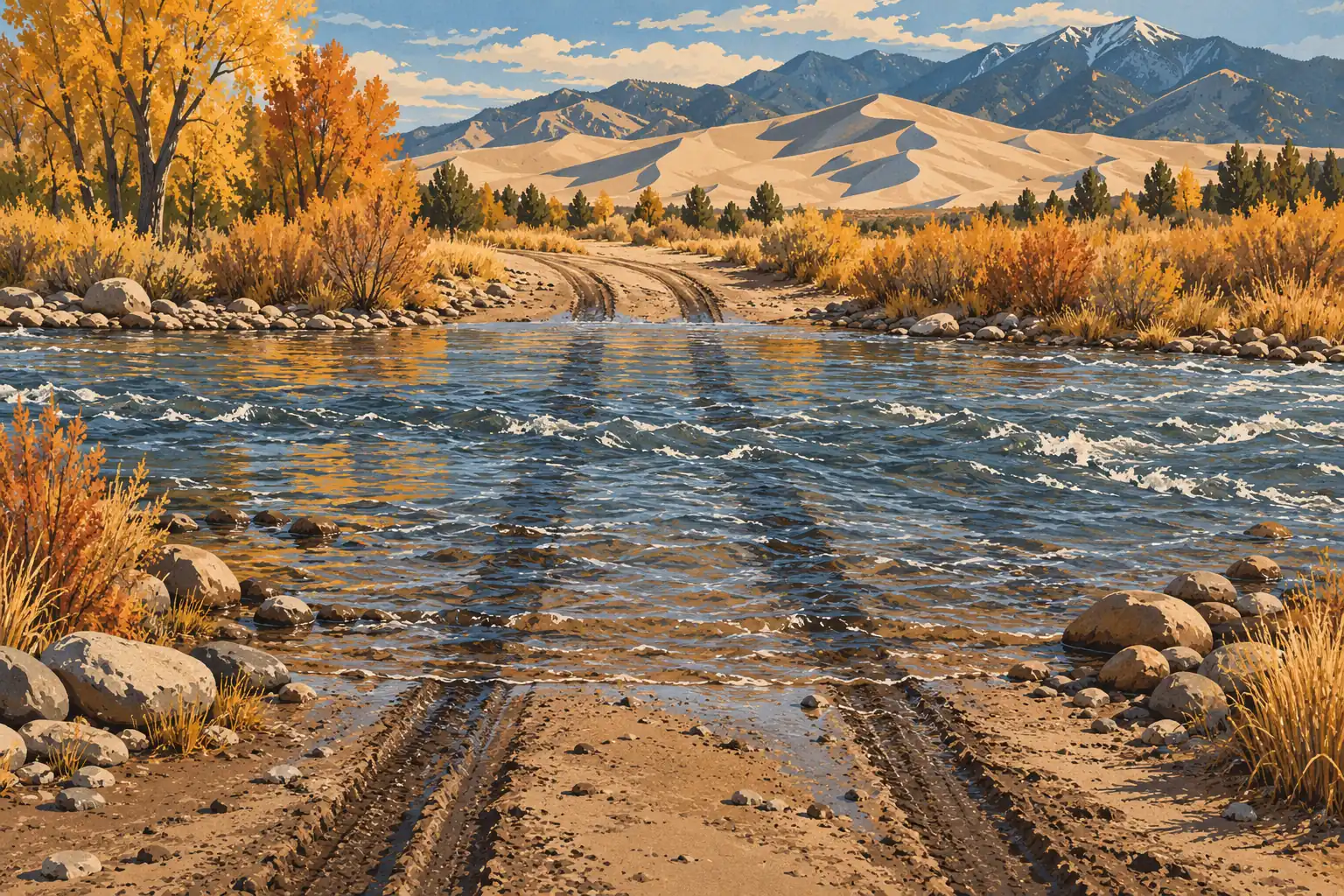 A muddy track crosses a rushing river lined with golden trees, with sand dunes and snowcapped mountains beyond