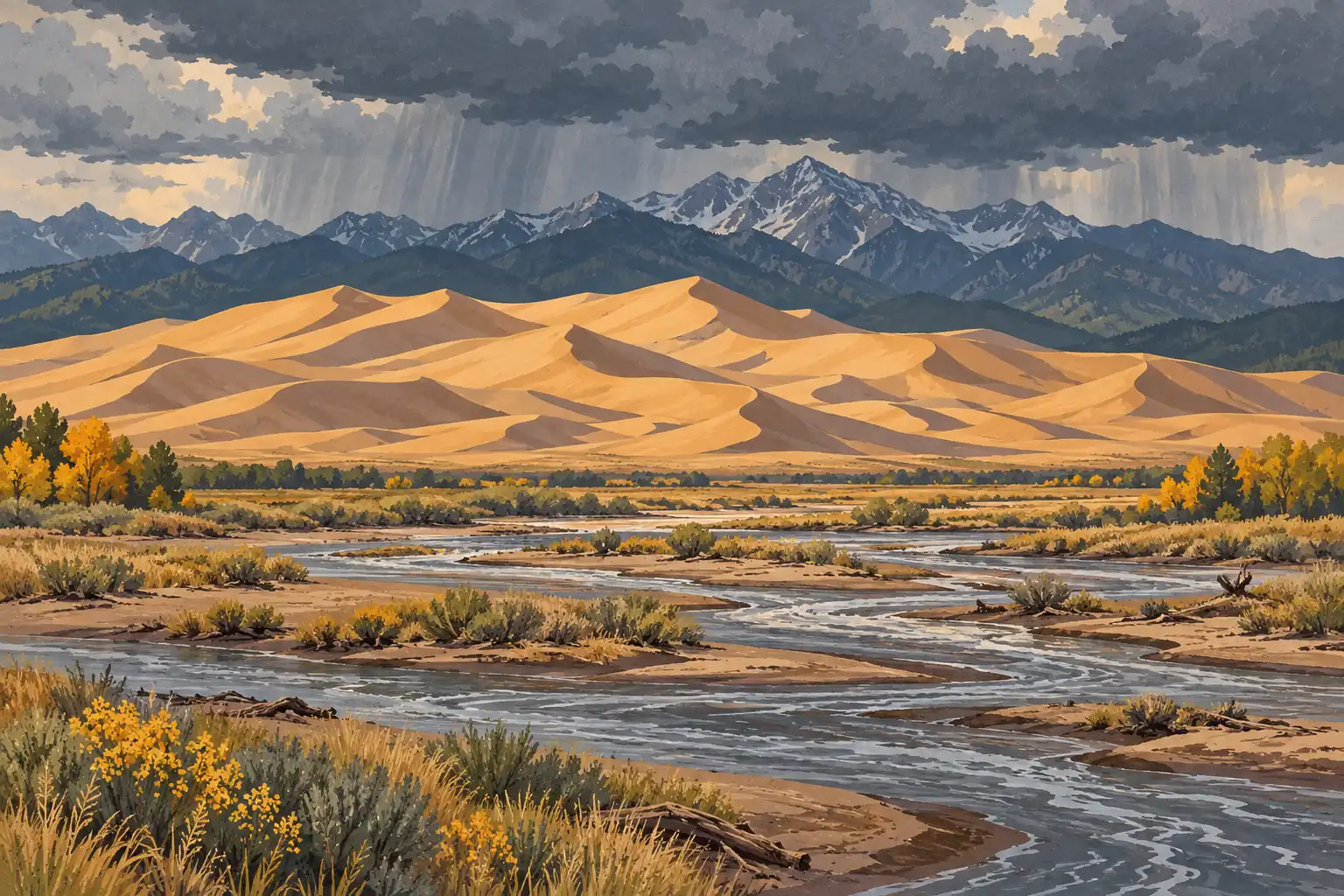 Golden dunes before a snow-streaked mountain range beneath dark rain clouds, with a winding river in the foreground