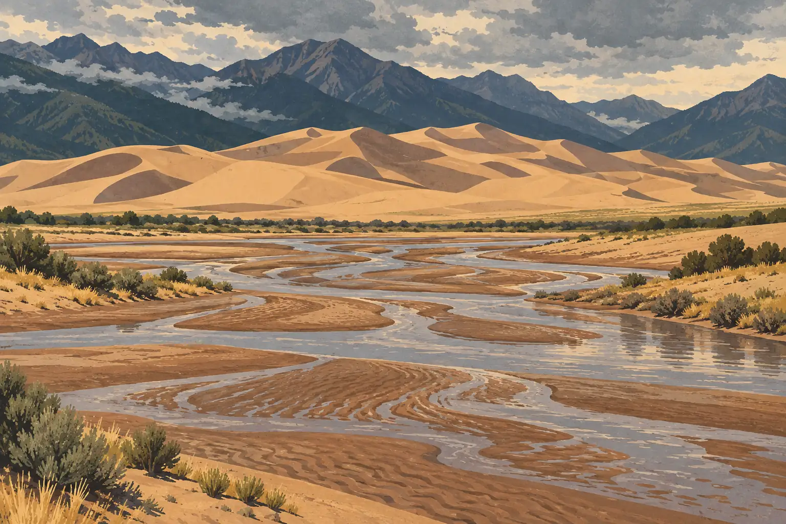 A shallow river winding through sandbars, with tall golden dunes and rugged mountains beneath a cloudy sky