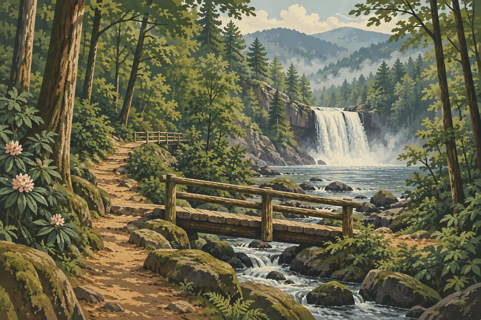 Forest trail beside a rocky river, with two wooden footbridges and a broad waterfall below distant mountains