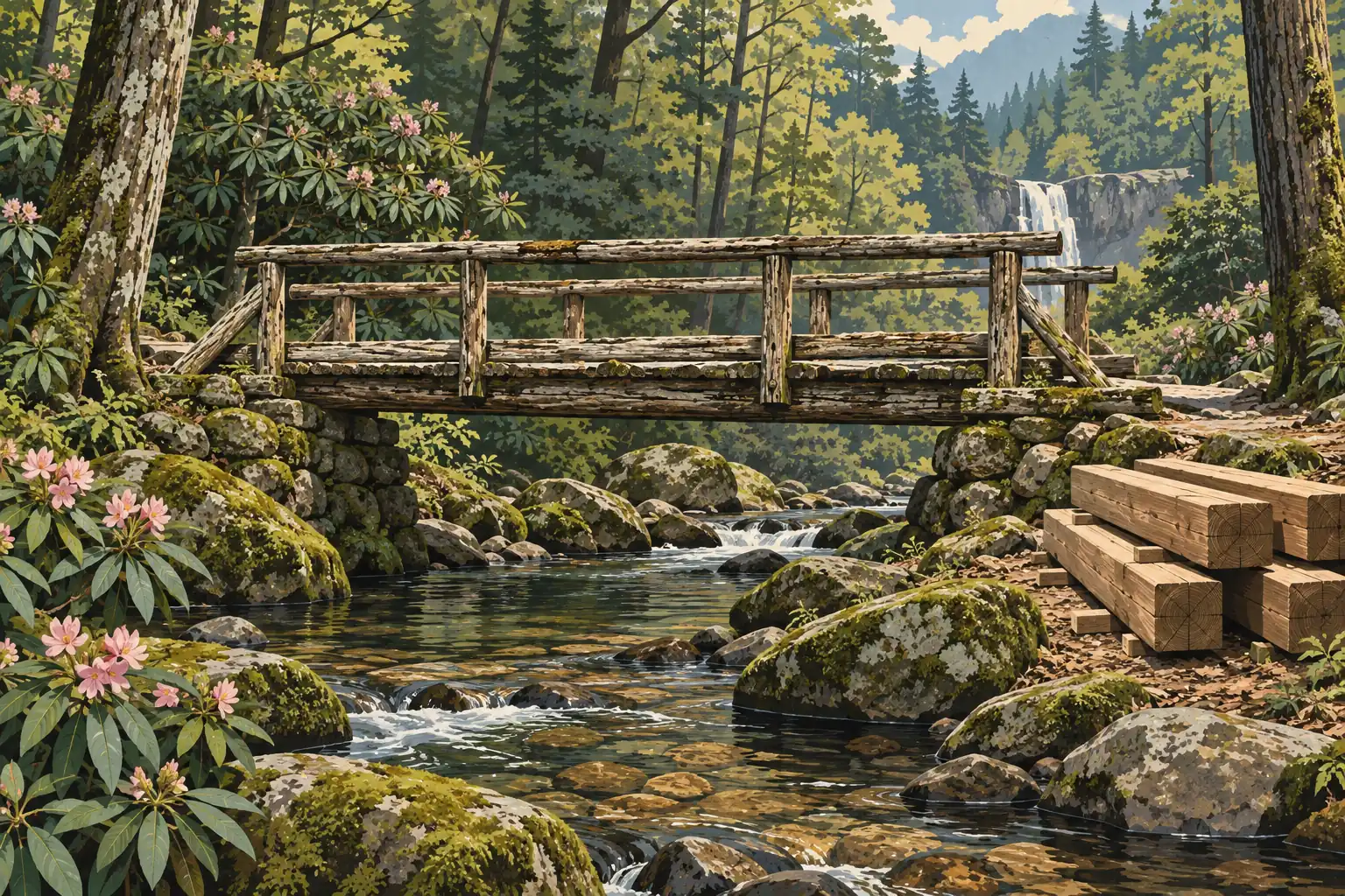 Rustic wooden bridge over a rocky stream, surrounded by pink rhododendrons, with a waterfall in the distance