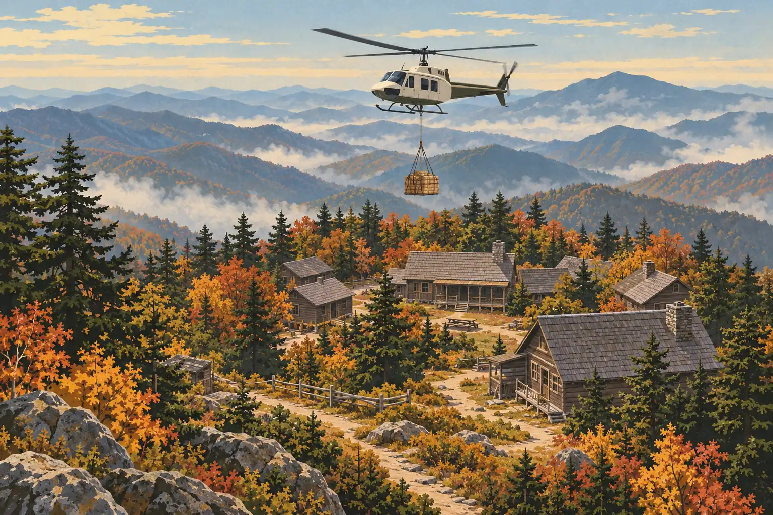 A helicopter carries a crate above mountain cabins surrounded by autumn forests, rocky paths and misty ridges