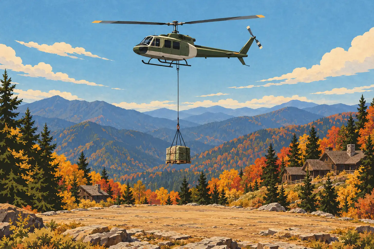 A helicopter carries a suspended crate over forested mountains in autumn, with several wooden cabins on the slopes