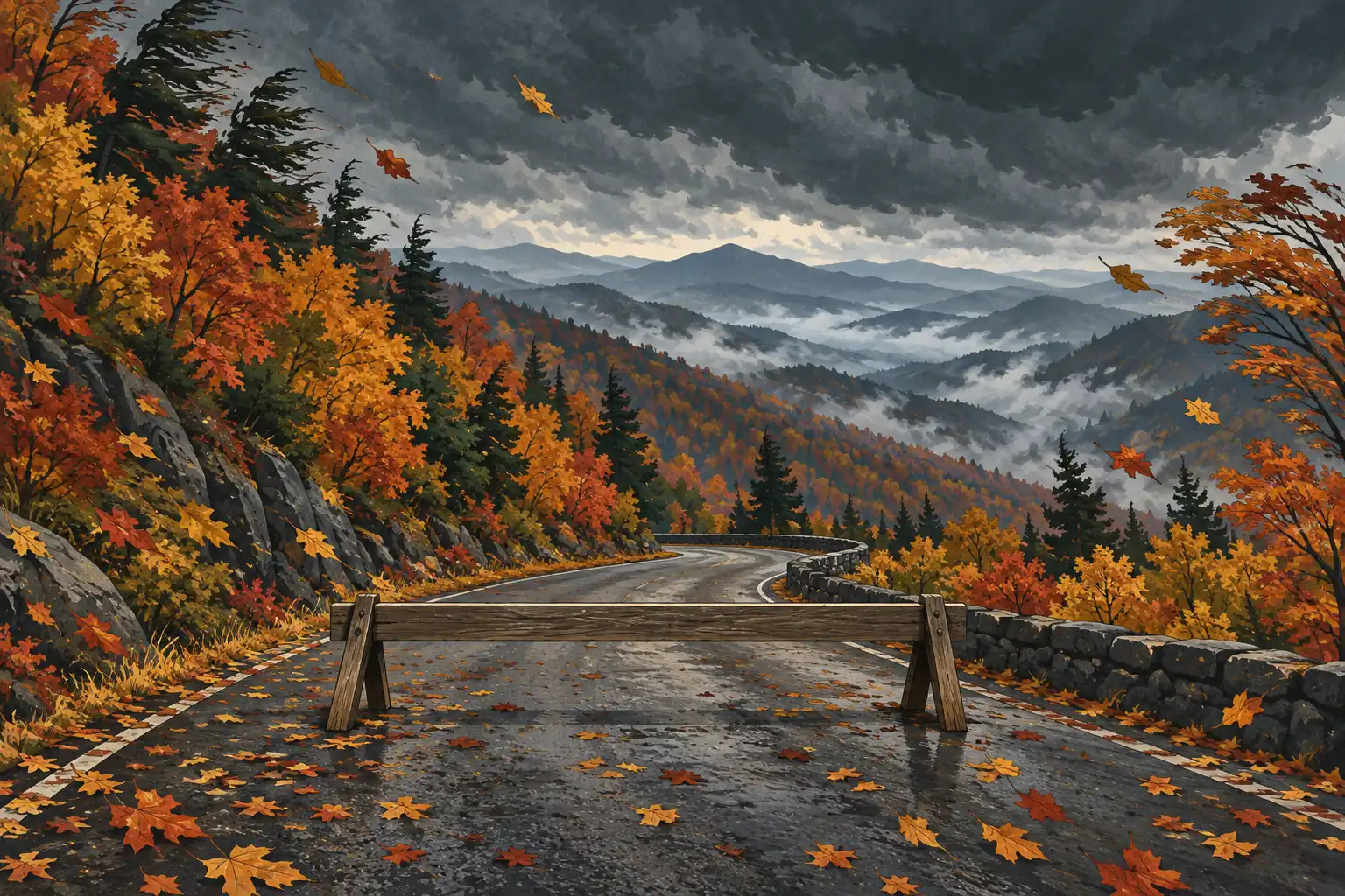 Nasse Bergstraße mit einer Holzsperre, umgeben von herbstlichen Wäldern unter dunklen Gewitterwolken