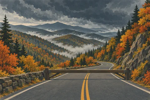 Mountain road blocked by a wooden barrier, winding through autumn forests beneath heavy dark storm clouds