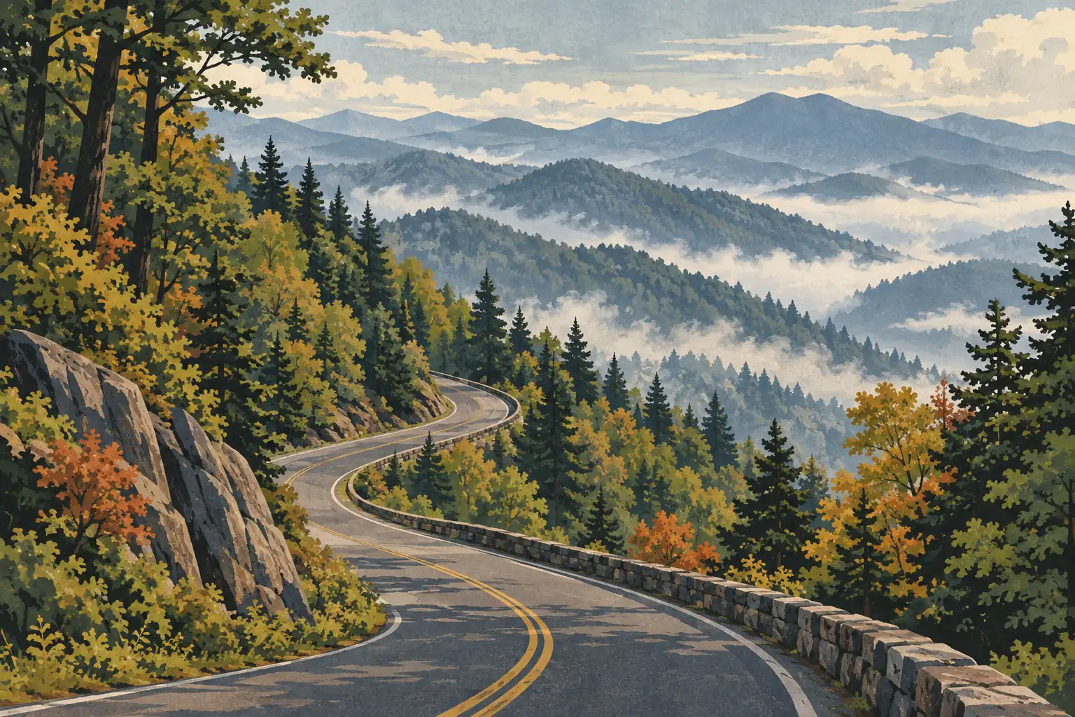 Winding road beside a stone wall, crossing an autumn forest with mist-filled valleys and layered mountains beyond