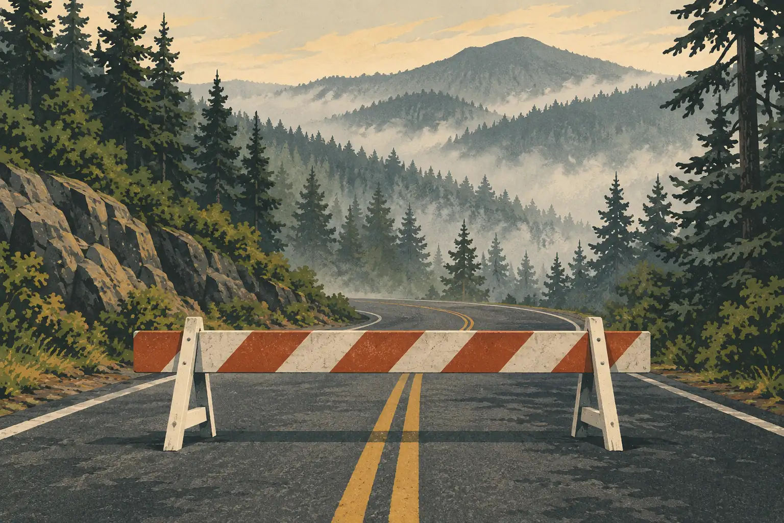 An orange-and-white barrier blocks a winding mountain road framed by dense evergreens and misty ridges