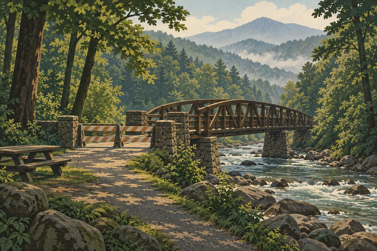 Pont en bois fermé par des barrières, franchissant une rivière rocheuse au cœur d’une forêt, avec des montagnes brumeuses au loin