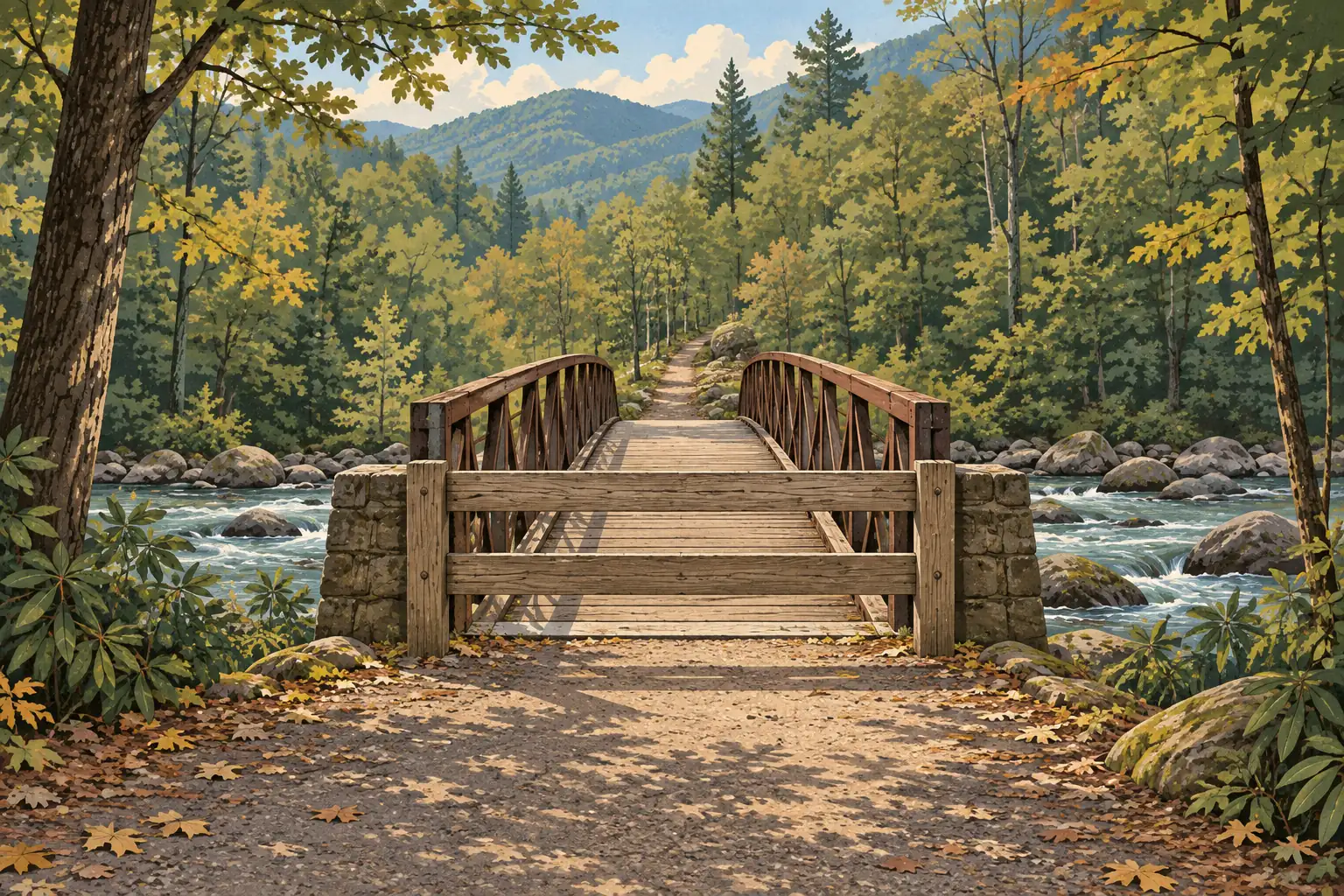 Un portail en bois ferme l’accès à une passerelle au-dessus d’une rivière rocheuse, dans une forêt de montagne