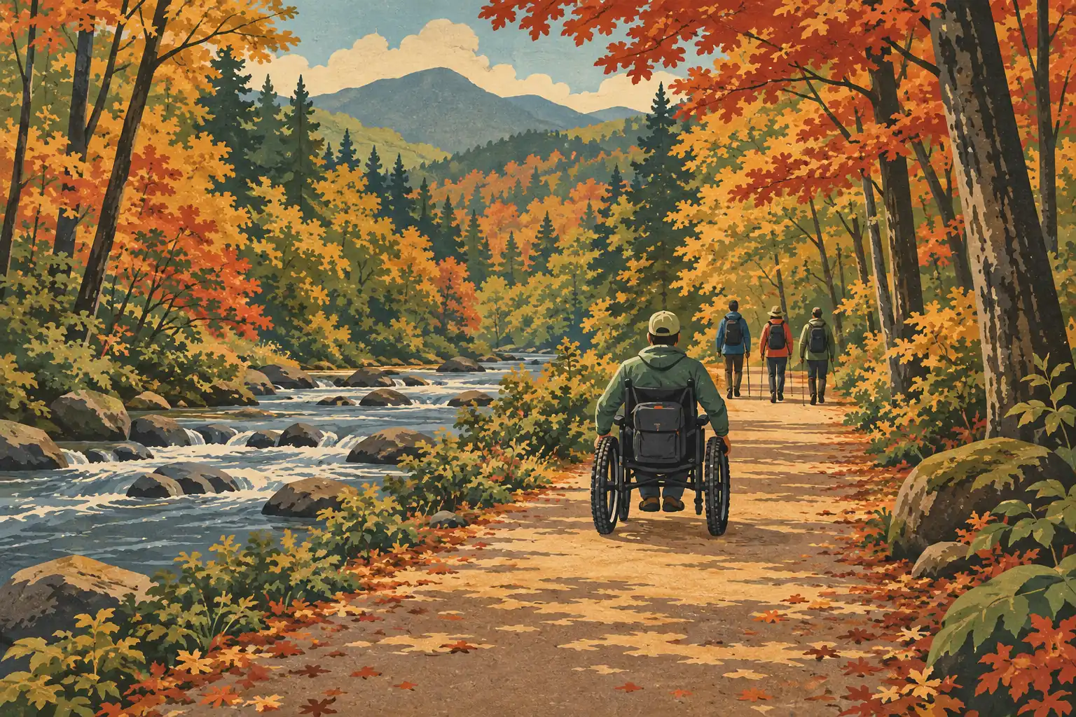 A wheelchair user follows a forest trail beside a rocky river, with three hikers ahead amid vivid autumn foliage