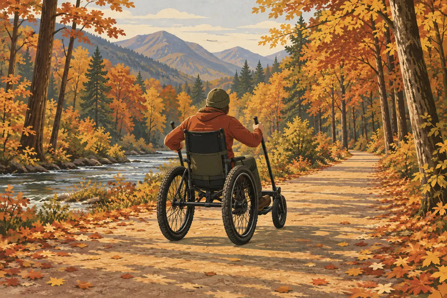 A person in a wheelchair travels along a wide forest trail beside a river, facing mountains amid colorful autumn foliage