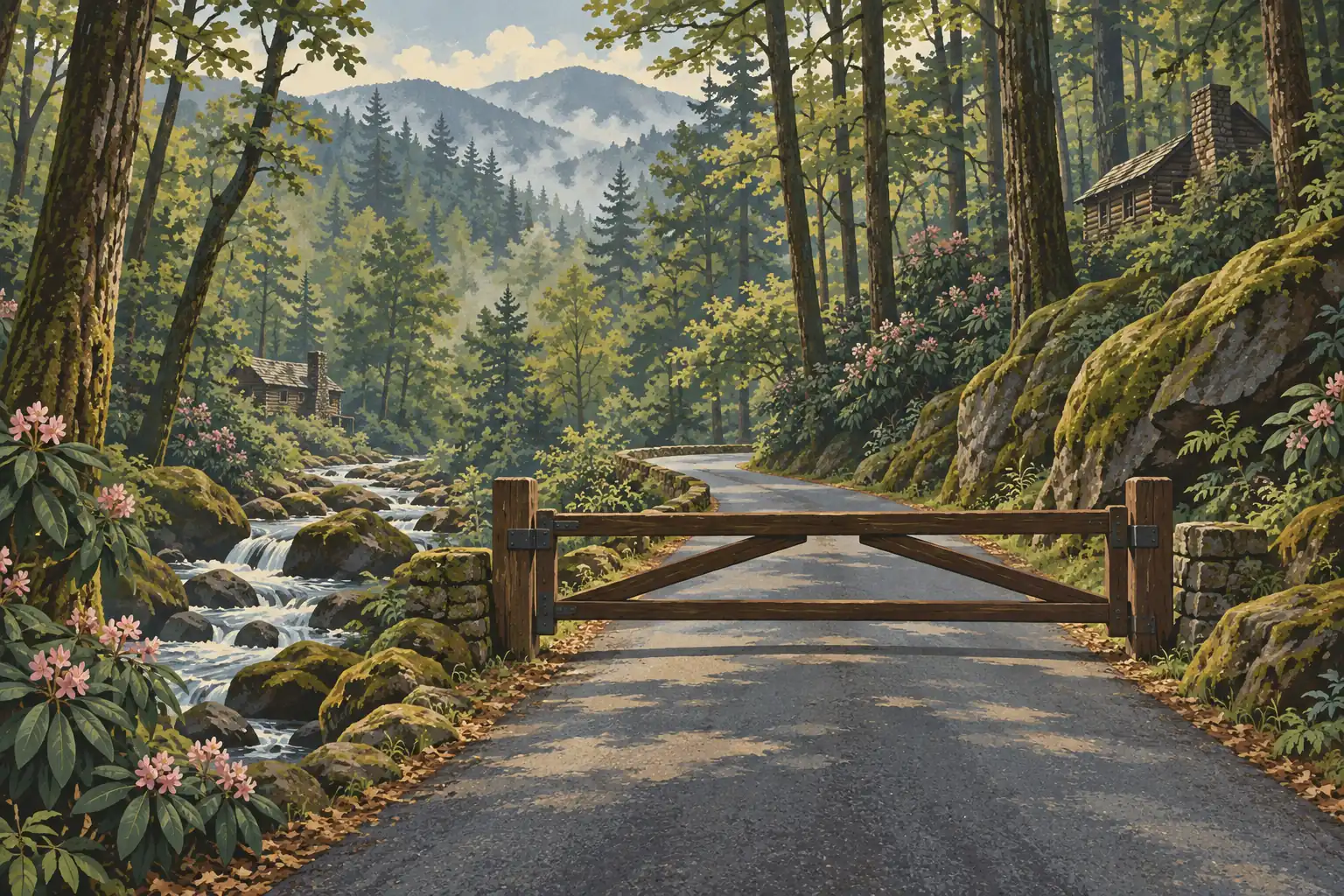 Holztor versperrt eine Waldstraße neben einem felsigen Bach, mit Hütten zwischen Bäumen und nebligen Bergen im Hintergrund