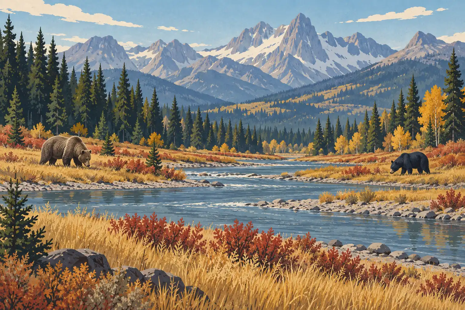 Ein Grizzly und ein Schwarzbär laufen an einem Fluss entlang, umgeben von Herbstgräsern, Nadelwald und Schneebergen
