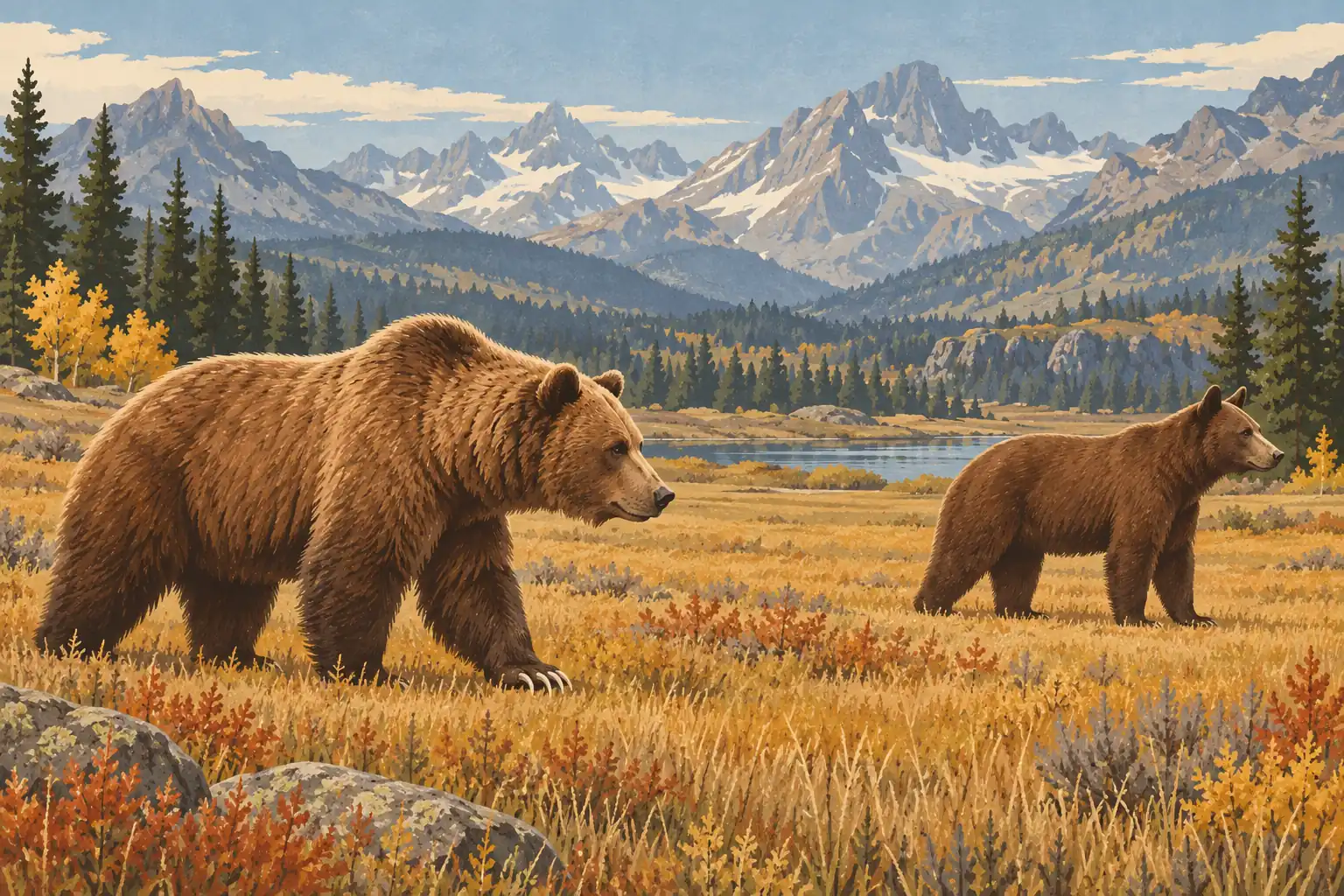 Zwei Braunbären durchqueren eine goldene Wiese an einem See, vor Nadelwäldern und hohen schneebedeckten Bergen