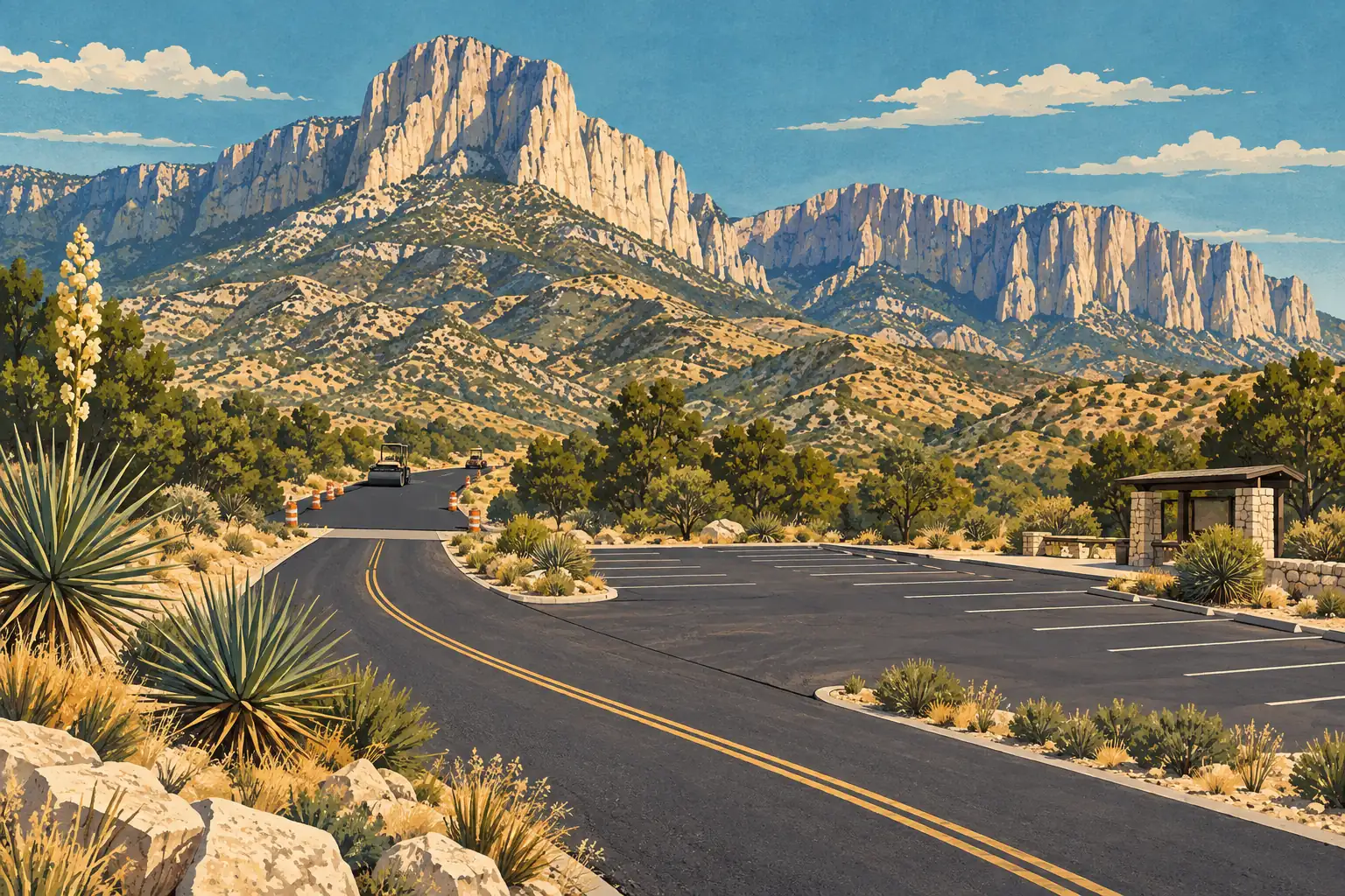 Paved road beside an empty parking lot, surrounded by yuccas and desert shrubs beneath towering mountain cliffs