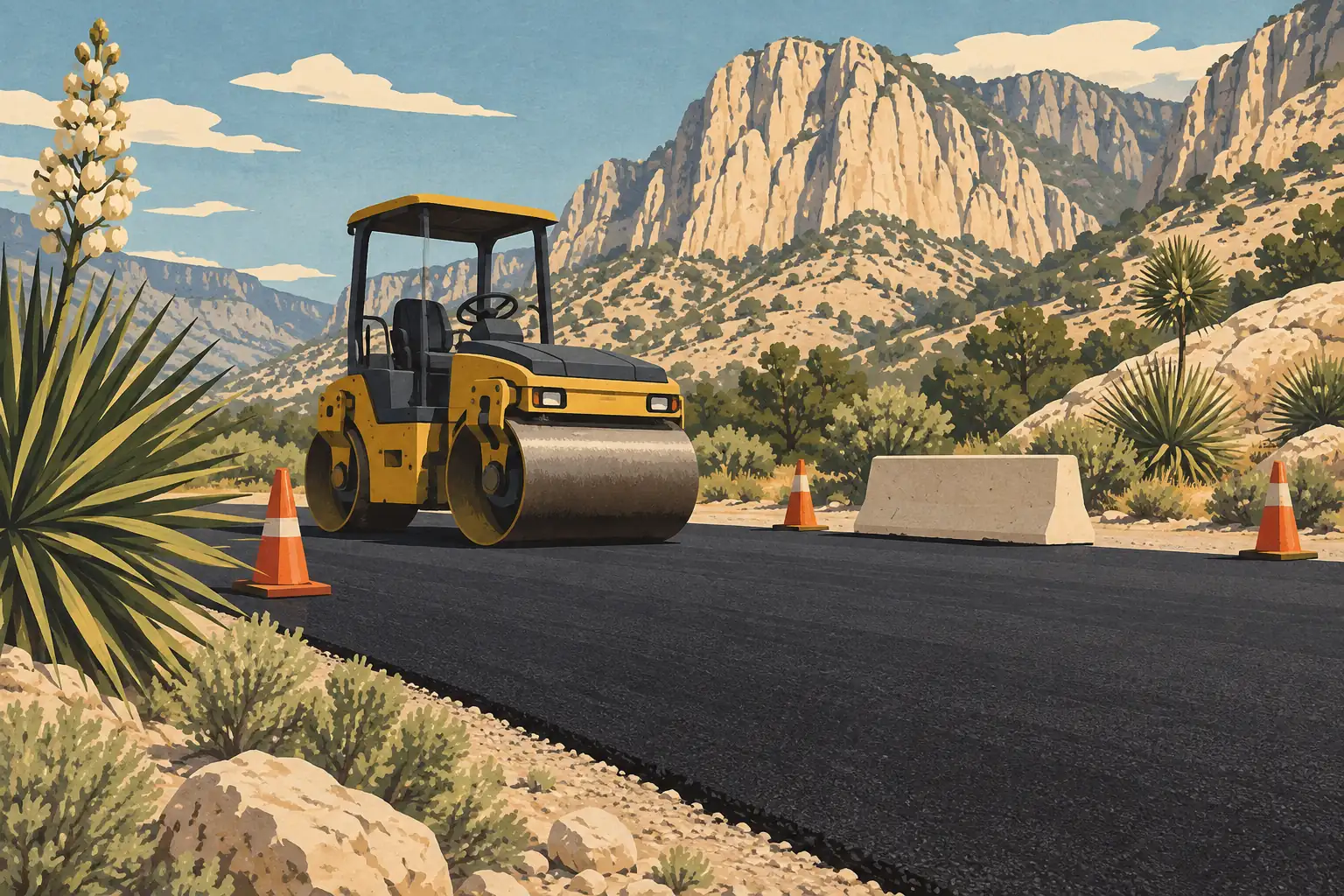 A yellow road roller on a freshly paved parking area marked by traffic cones, beneath rugged desert cliffs