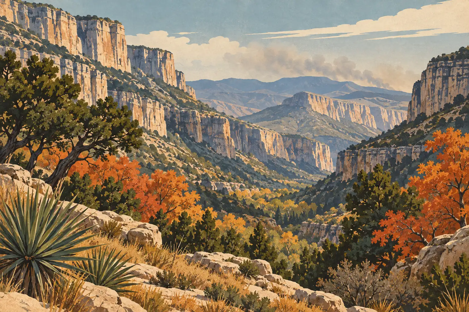 Felsiger Canyon zwischen hohen Klippen mit Yuccas, Nadelbäumen und orangefarbenem Herbstlaub unter bewölktem Himmel