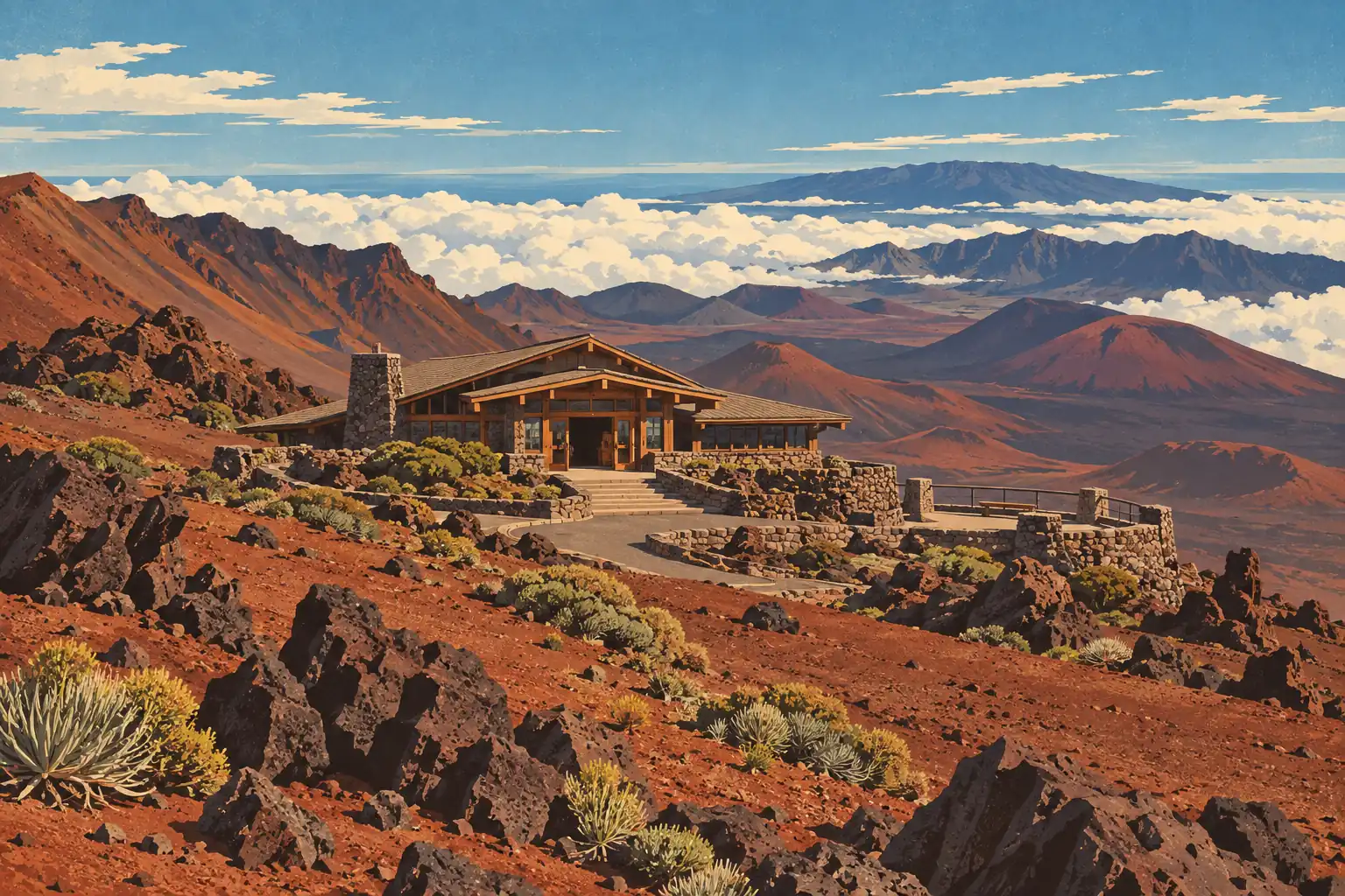 A stone visitor center amid a red volcanic landscape, with rugged craters, clouds below and an island in the distance