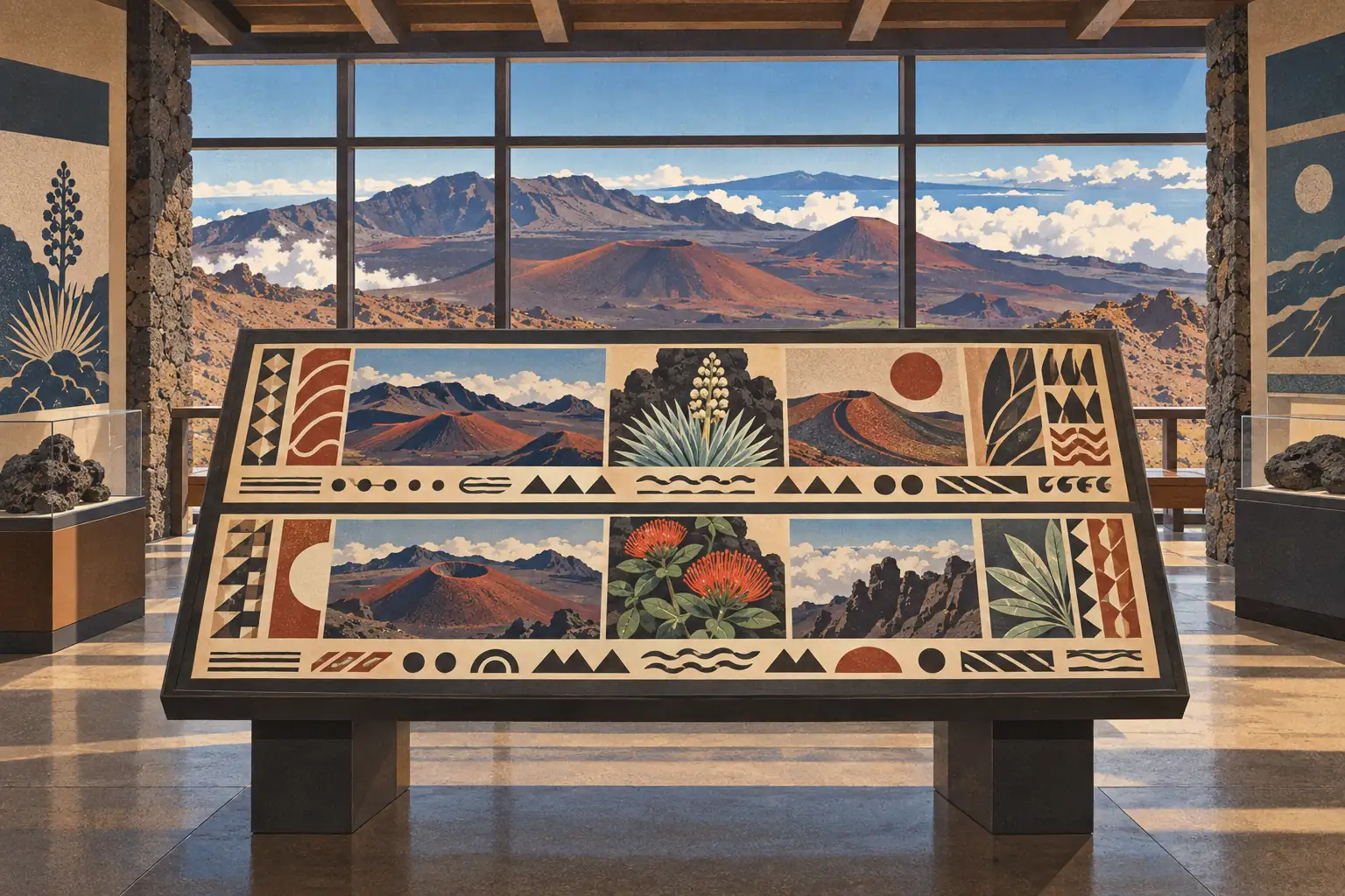 Illustrated exhibit table before large windows overlooking the volcanic crater and peaks of Haleakalā