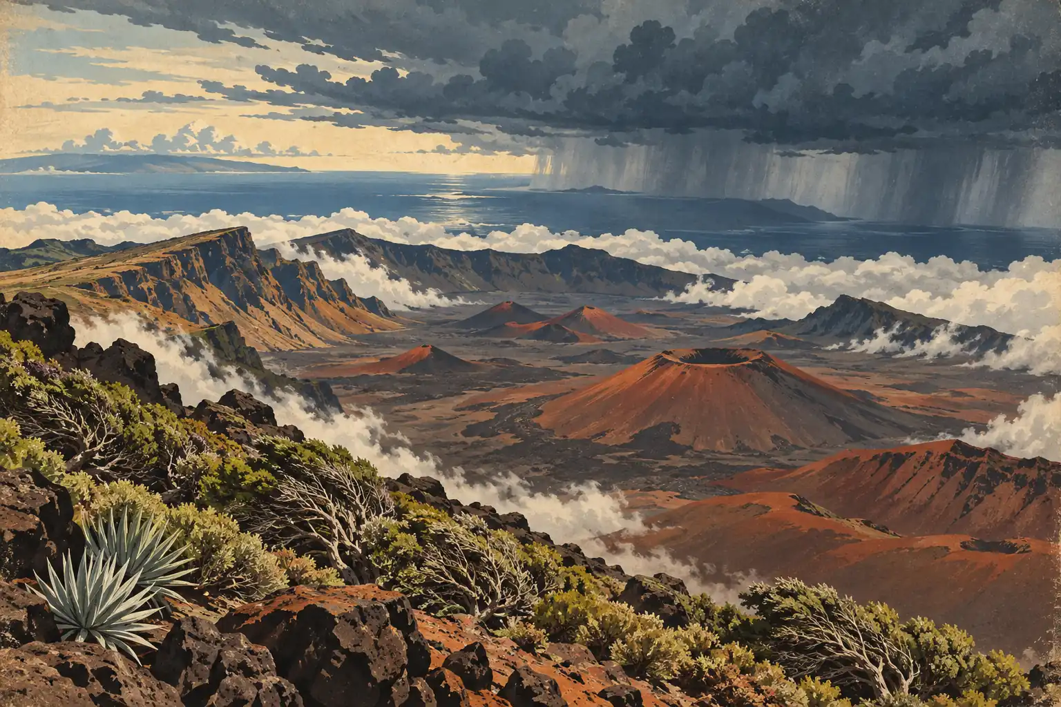 Vast volcanic caldera with rust-red cones, rocky shrubs and drifting clouds beneath a dark storm front and distant rain