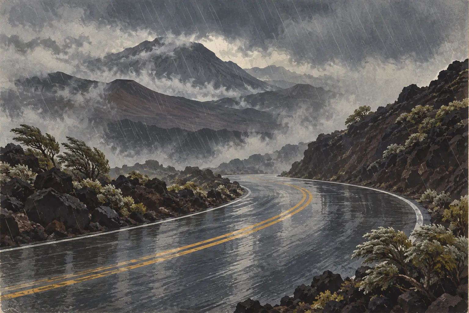 Rain-soaked road winding through volcanic rocks beneath heavy rain and mountains shrouded in mist and low clouds