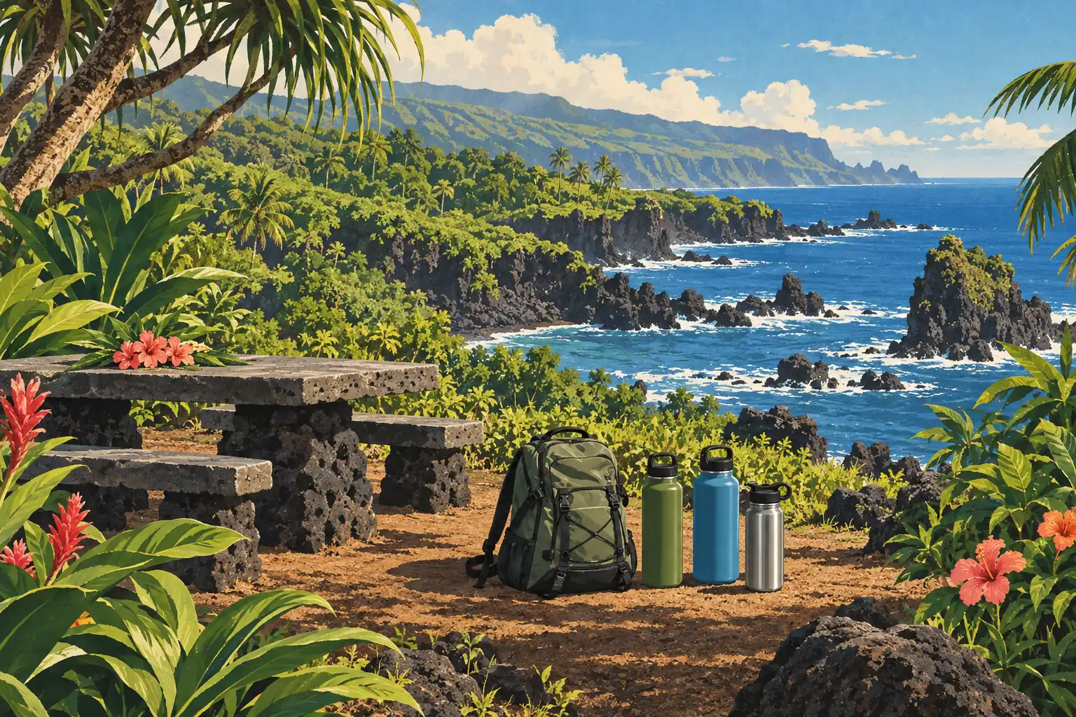 Rocky tropical coast lined with lush vegetation, with a picnic table, backpack and water bottles in the foreground