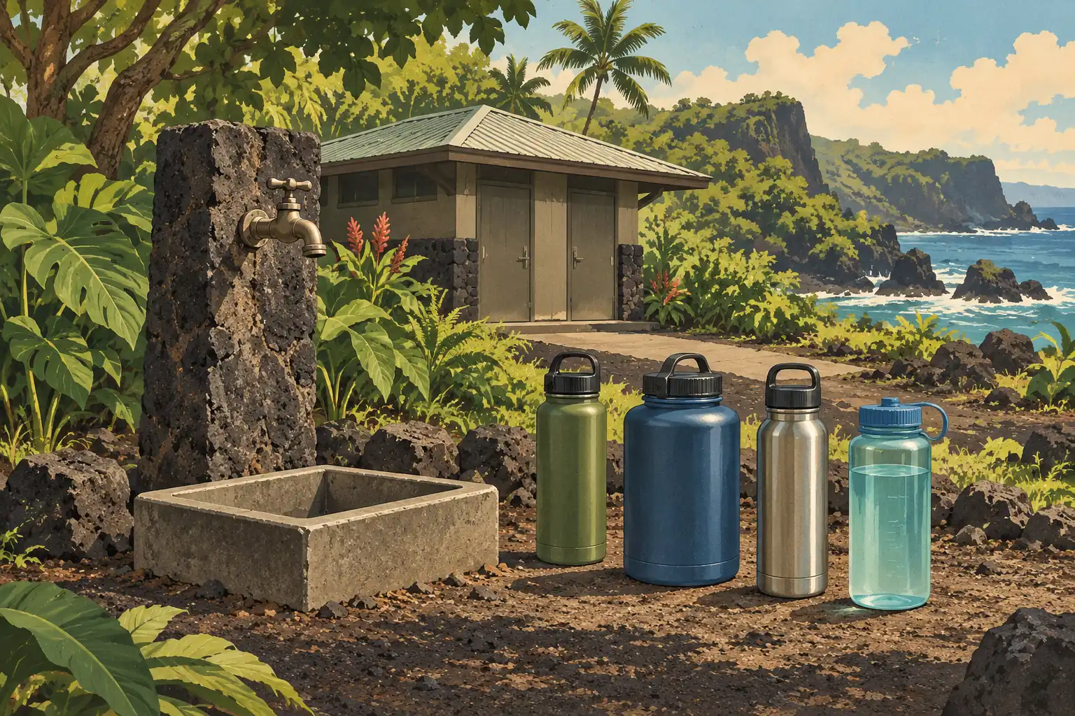 Faucet on a lava-rock pillar, four water bottles and a restroom amid tropical vegetation overlooking the coast
