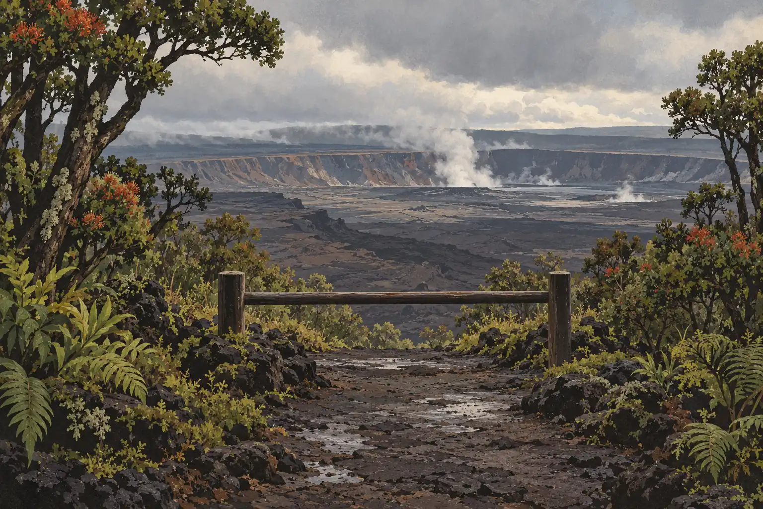 Feuchter Lavaweg zwischen Farnen und Bäumen mit Blick auf eine weite vulkanische Caldera und mehrere aufsteigende Dampfsäulen