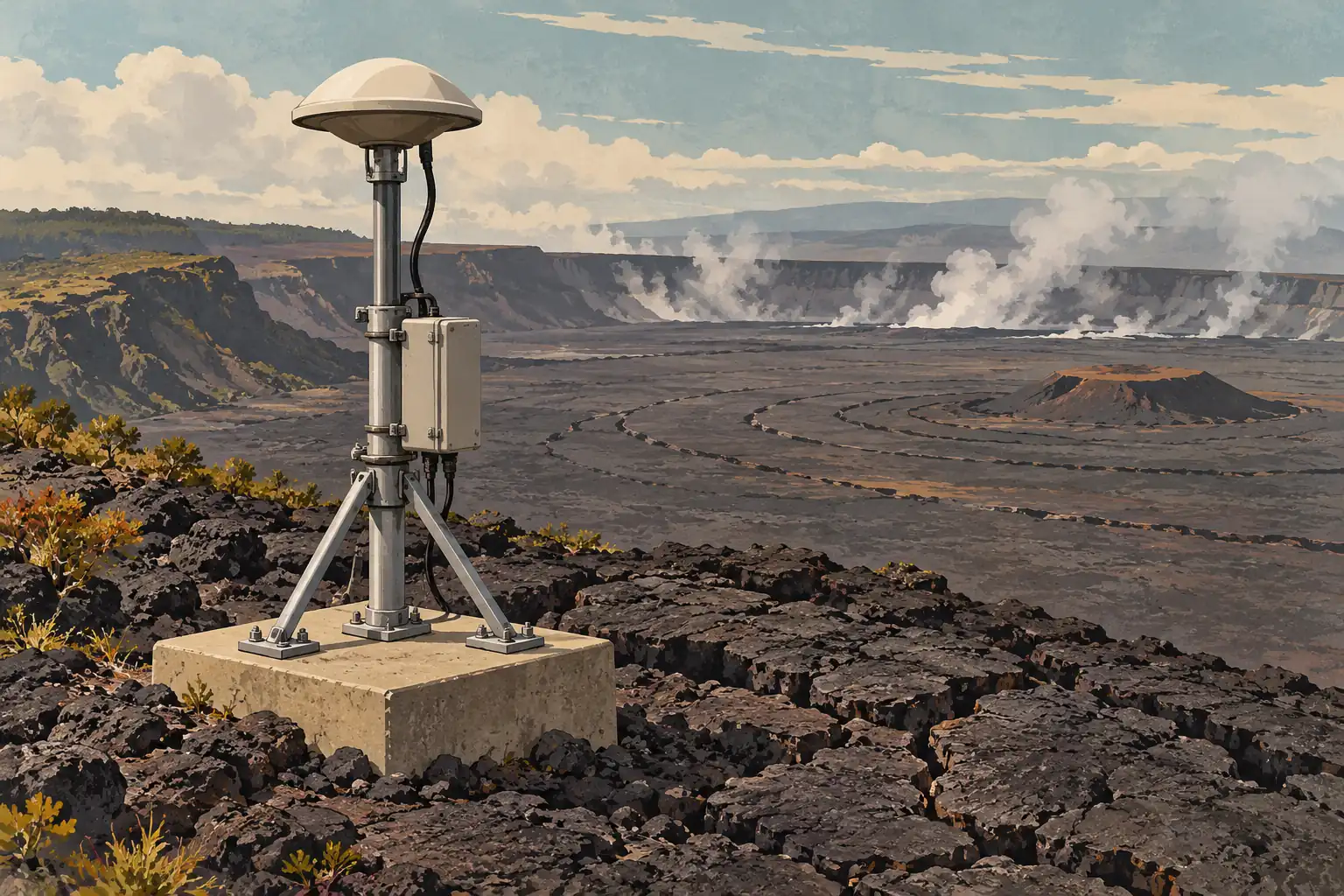 Messstation auf einem Betonsockel am Rand einer weiten vulkanischen Caldera mit zahlreichen Dampffahnen