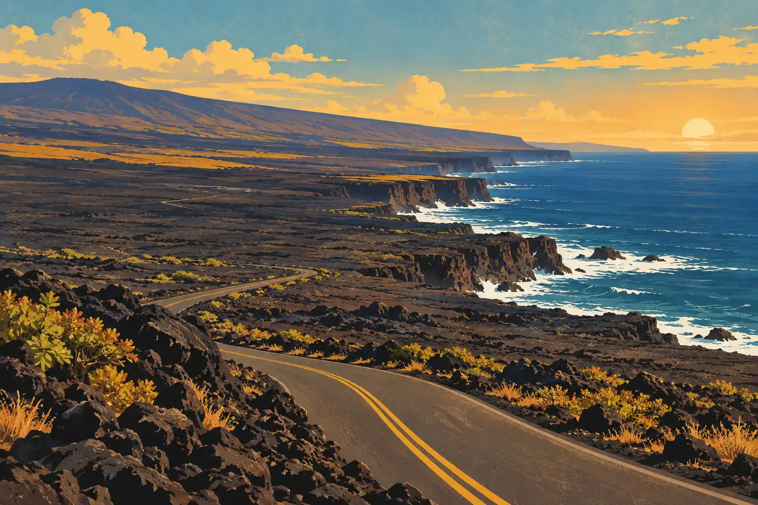 Winding road crossing black lava fields beside ocean-battered cliffs, with a broad volcano under the setting sun