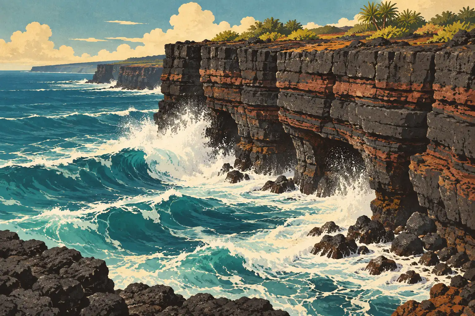 Powerful turquoise waves crash against tall black lava cliffs beneath a blue, cloud-filled sky edged with tropical vegetation