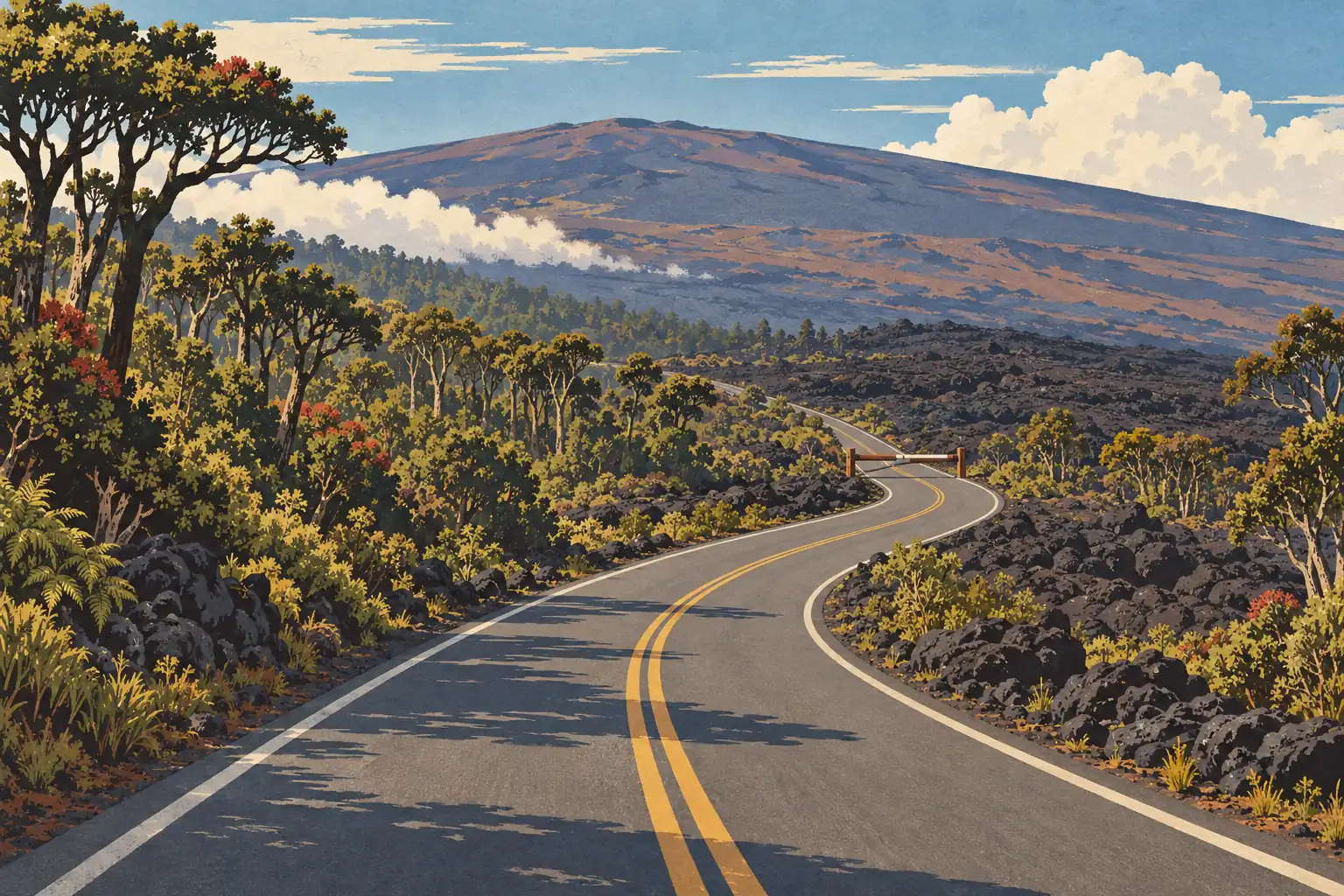 Winding road with double yellow lines crossing forest and black lava fields, with a broad volcano rising beneath clouds