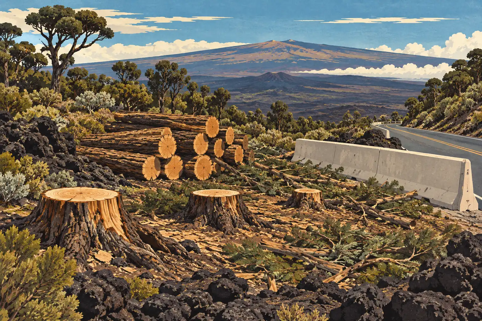 Cut stumps and stacked logs beside a blocked road, amid volcanic rocks and shrubs, with Mauna Loa beyond