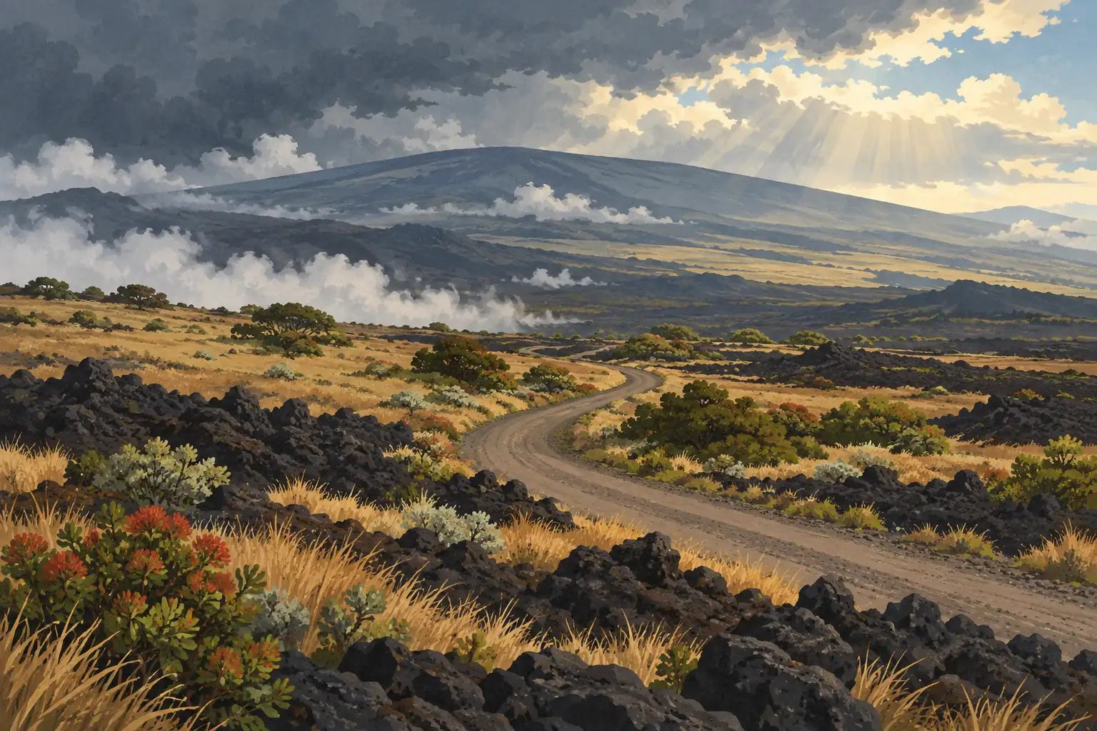 Une route sinueuse traverse un paysage volcanique de lave noire et d’herbes dorées, sous de lourds nuages percés de soleil