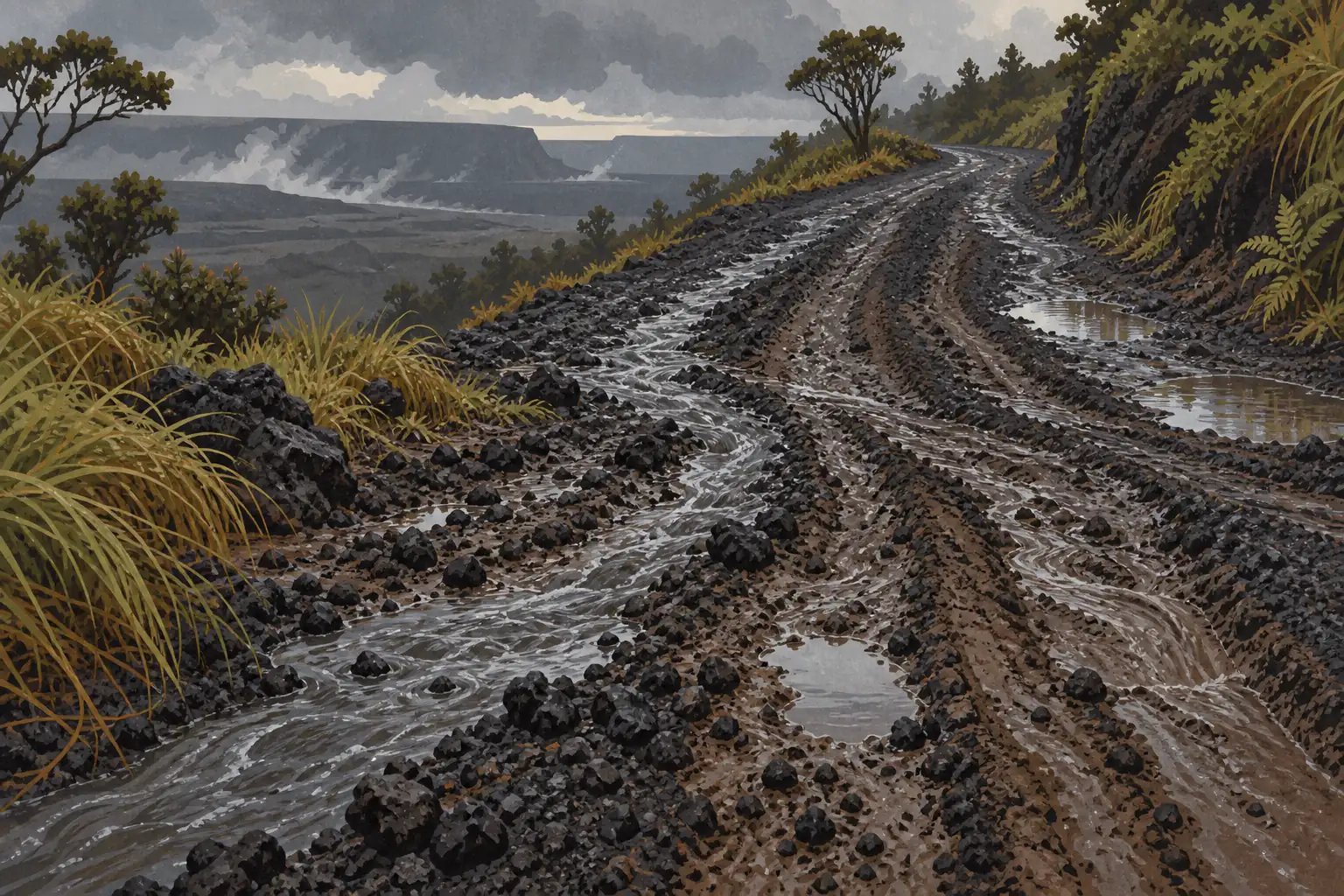 Route volcanique boueuse creusée d’ornières et de flaques, bordée de végétation, sous un ciel sombre face à un cratère fumant