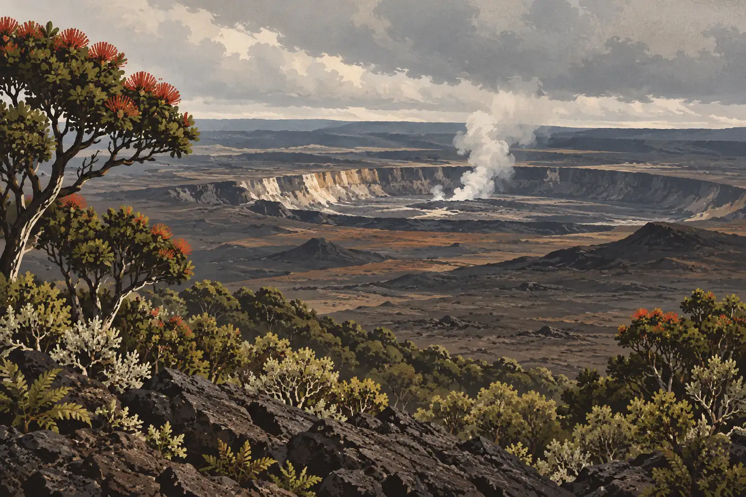 Vaste cratère volcanique fumant au milieu de champs de lave, encadré de roches noires et d’arbustes fleuris