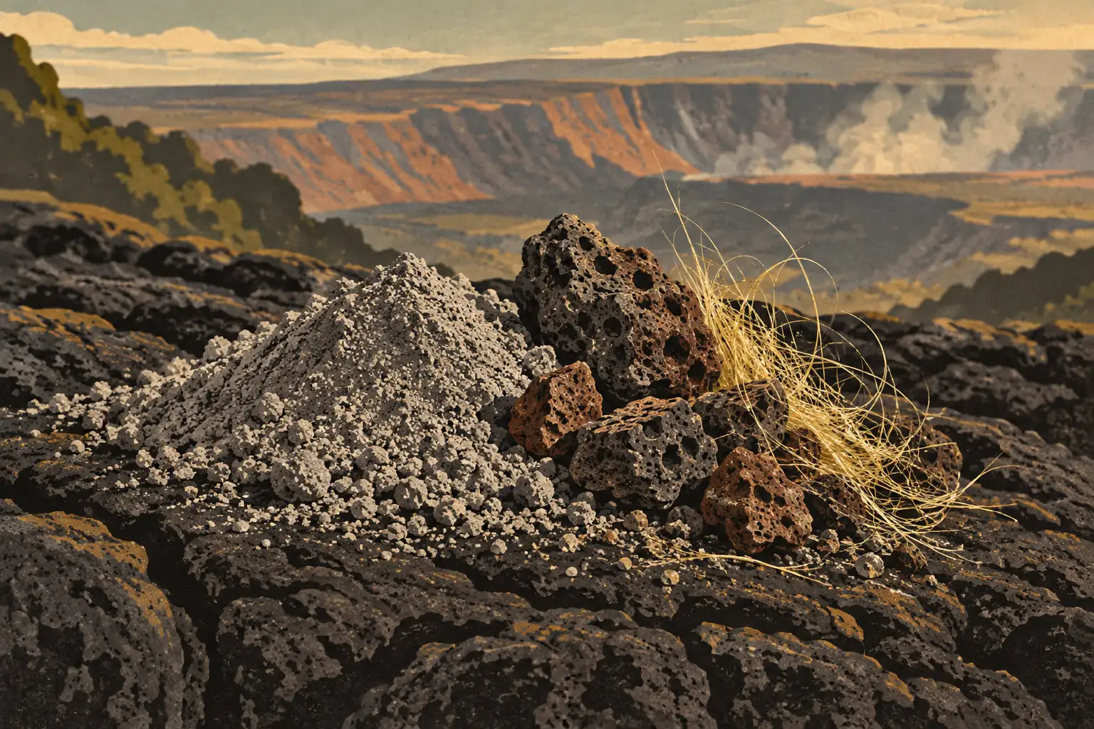 Roches volcaniques noires et rouges, cendres claires et herbes sèches devant un cratère fumant