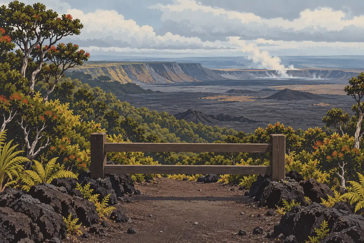 Wooden barrier across a lava trail overlooking a vast smoking caldera framed by trees and ferns