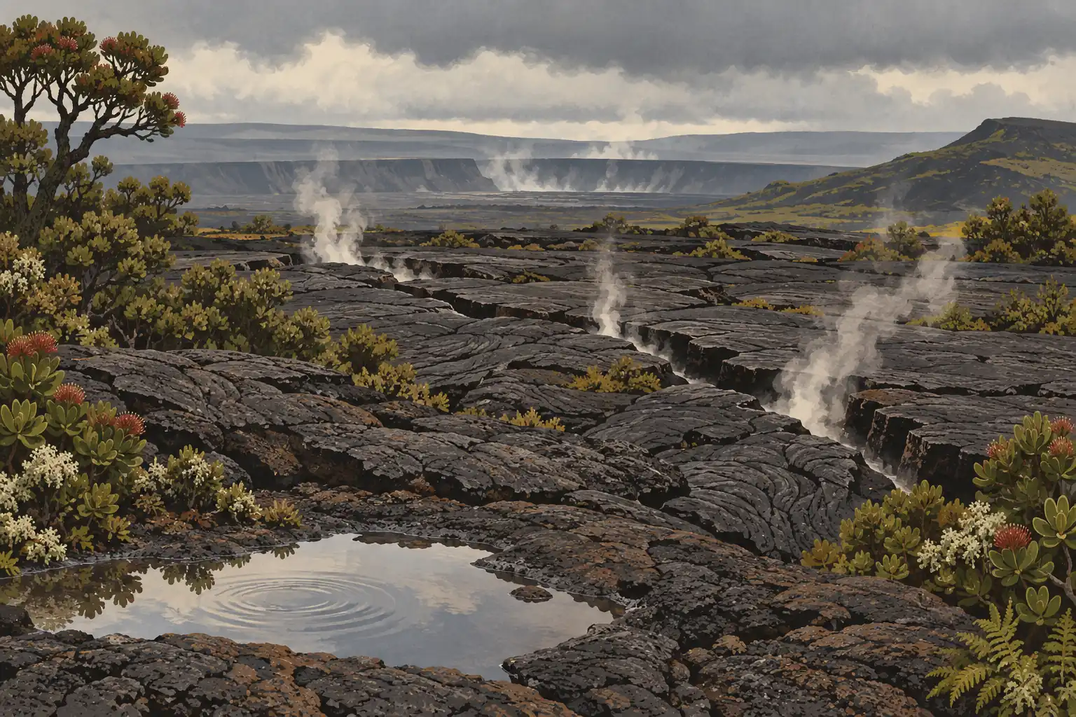 Cracked black lava flows, steaming vents, flowering shrubs and a small pool beneath storm clouds near a caldera